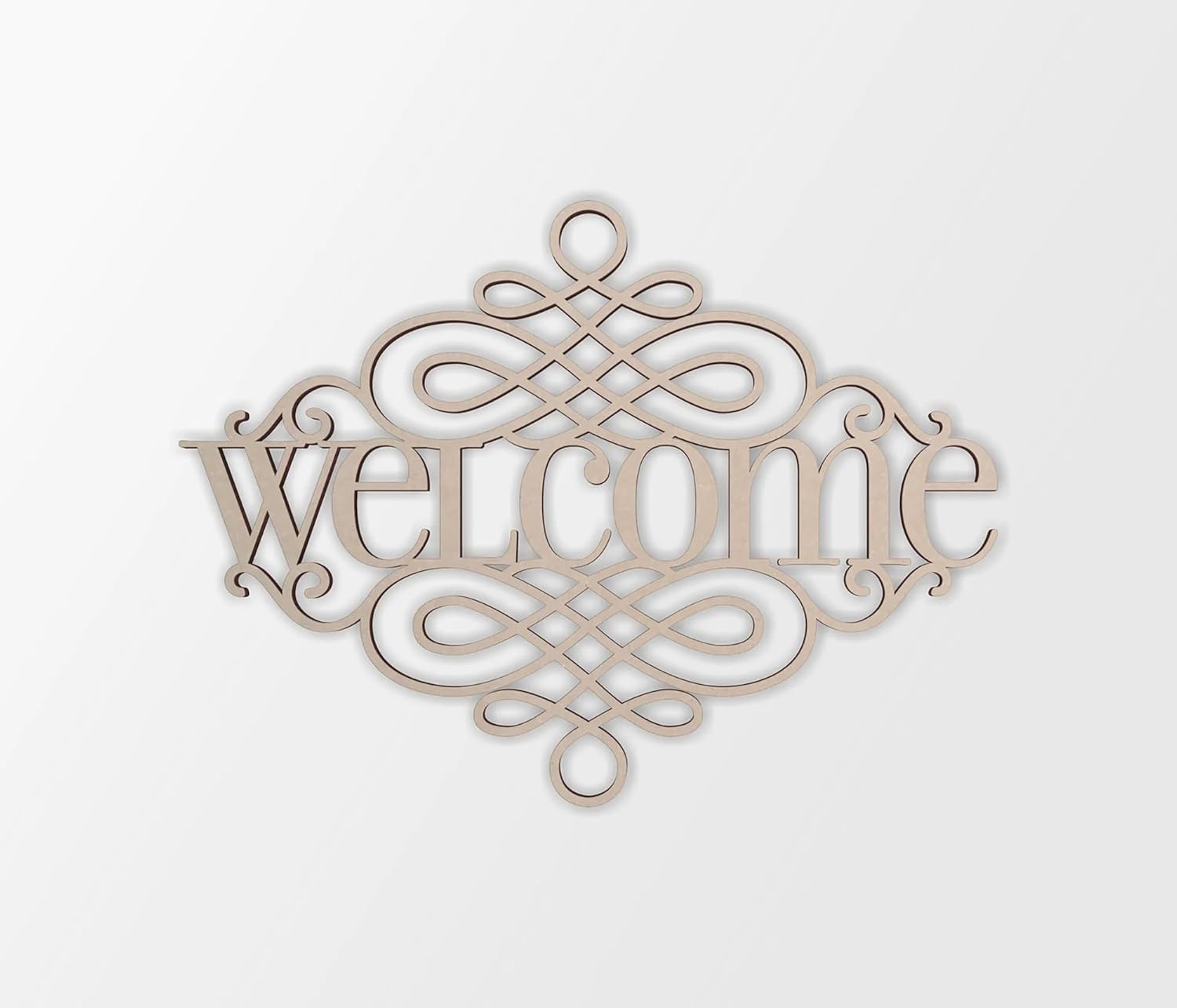 Decorative wooden 'welcome' sign with intricate designs on a white background