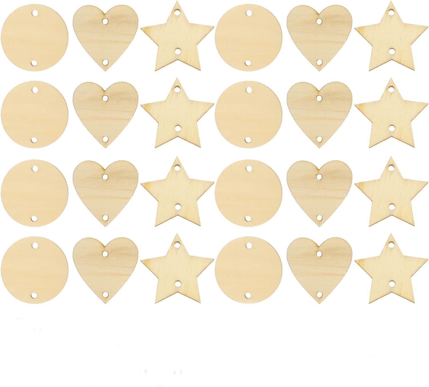 Set of wooden heart and star-shaped tags on a white background