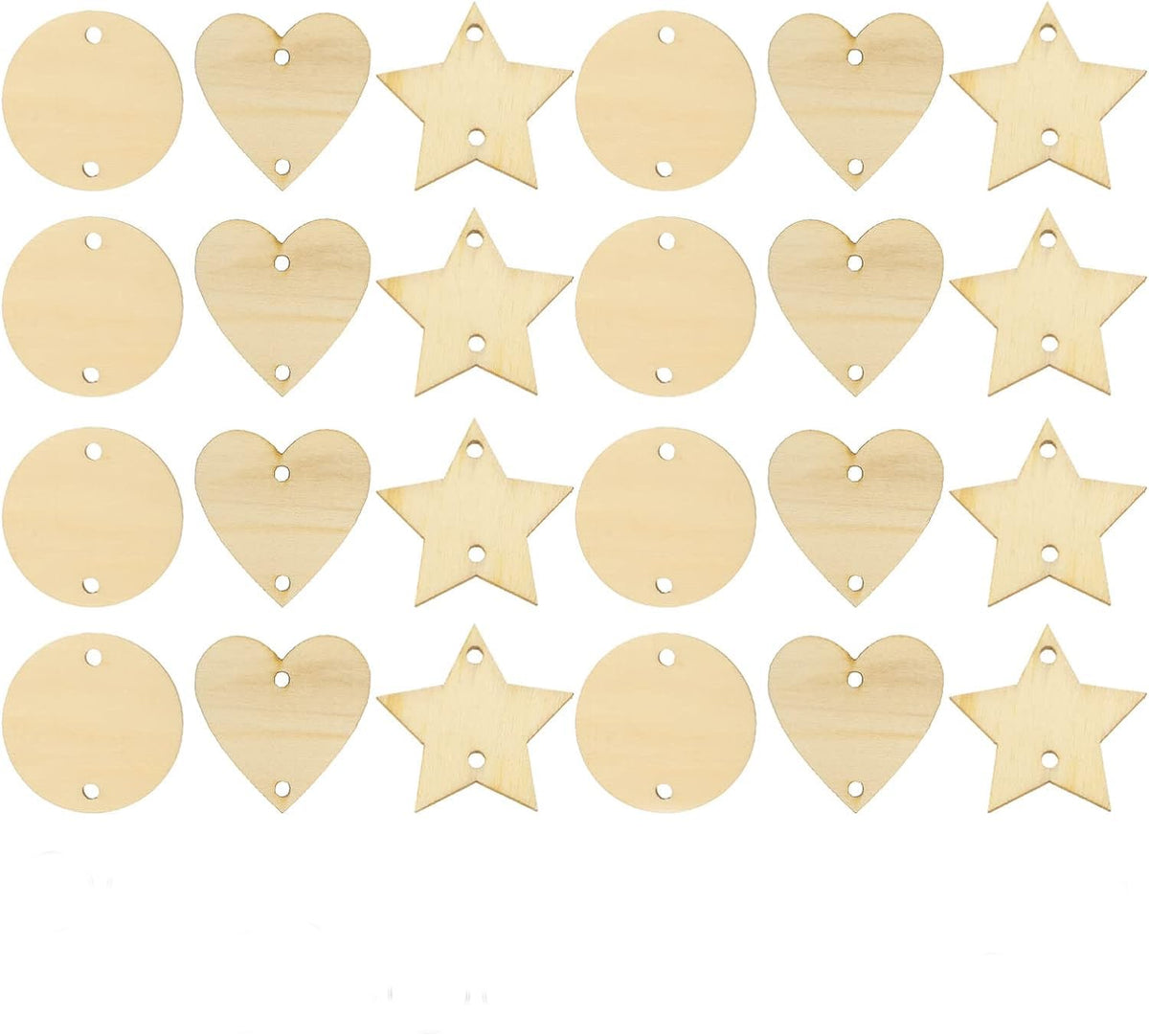 Set of wooden heart and star-shaped tags on a white background