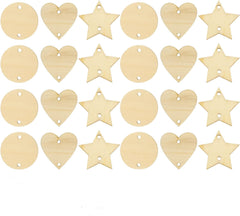 Set of wooden heart and star-shaped tags on a white background