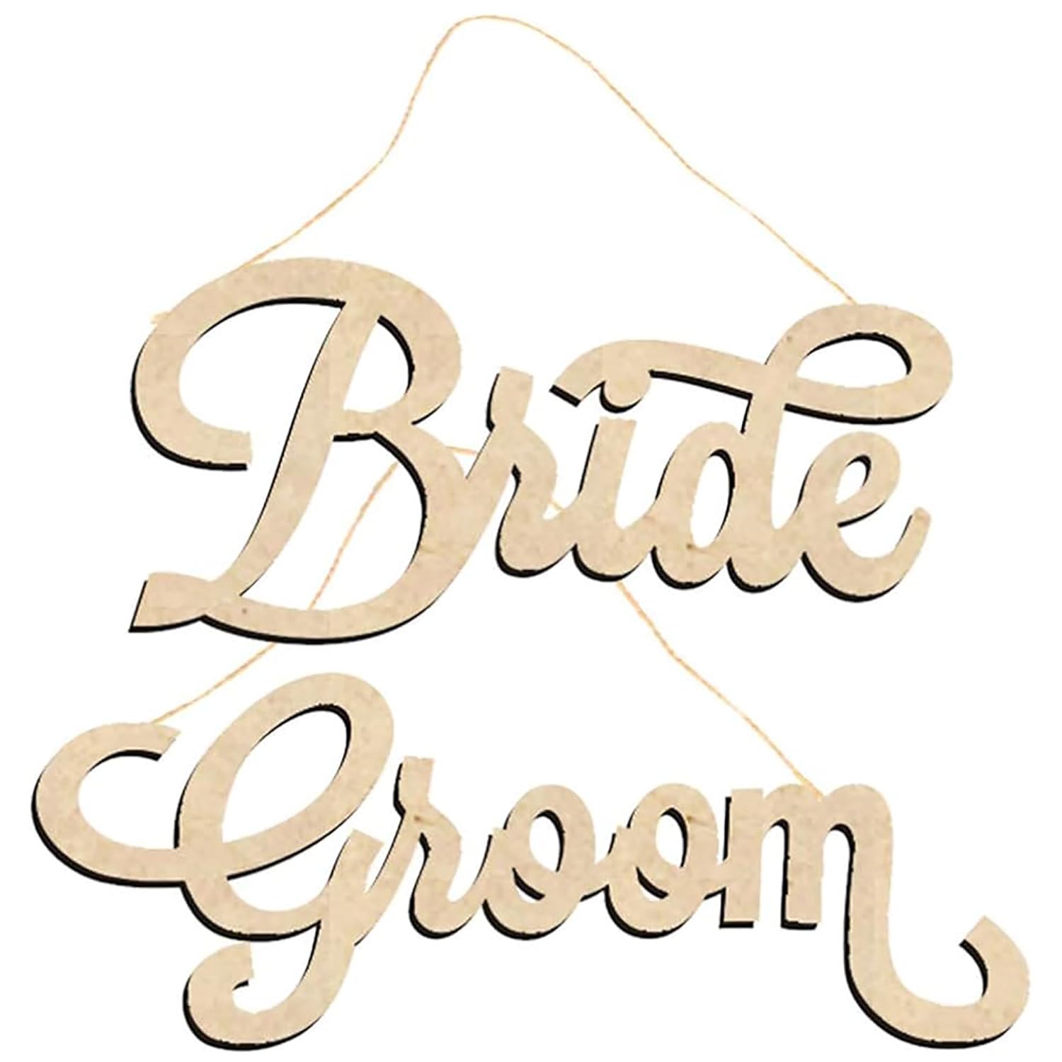 Wooden sign with 'Bride' and 'Groom' text on a white background