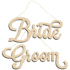 Wooden sign with 'Bride' and 'Groom' text on a white background