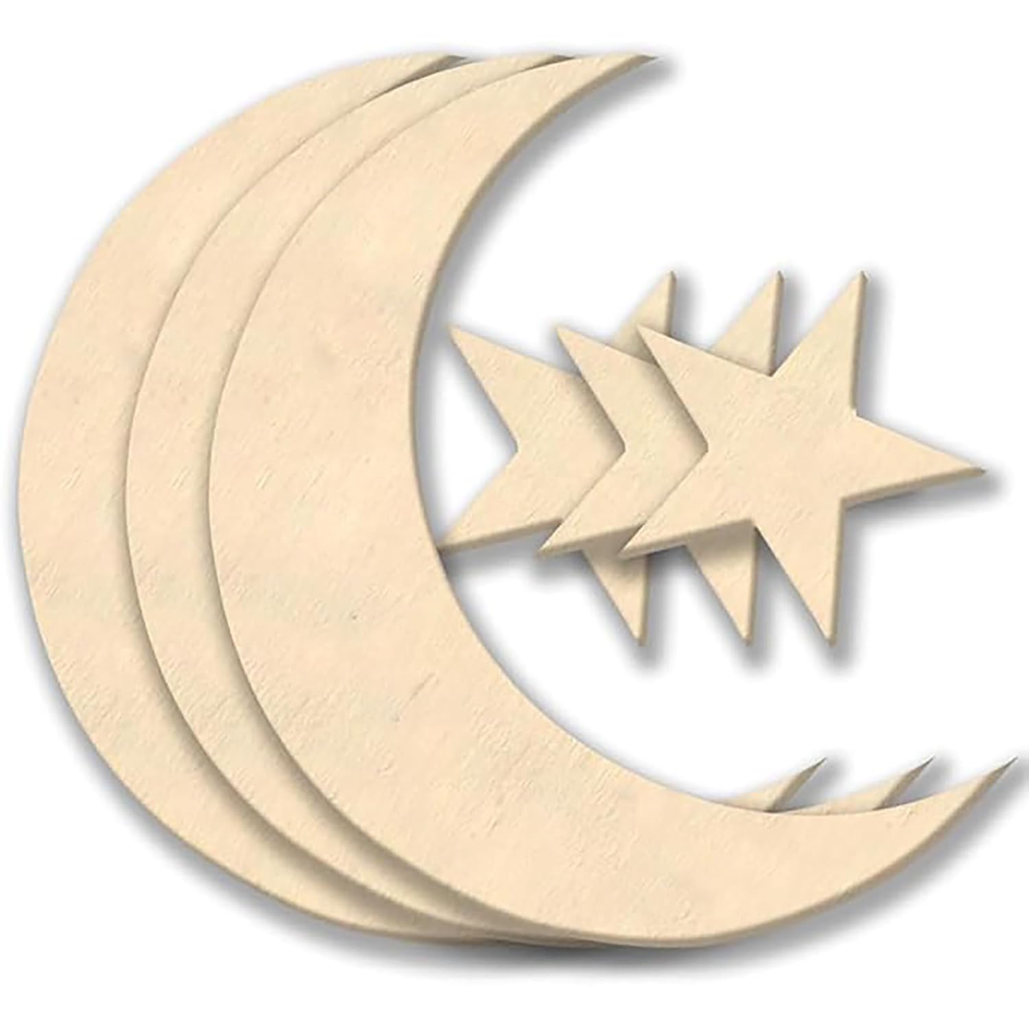 Wooden cutout shapes of a crescent moon and stars on a white background