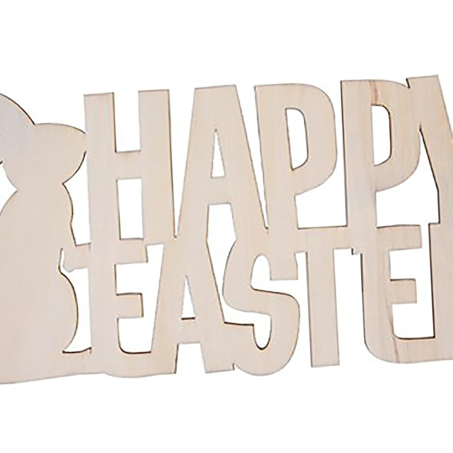 Wooden cutout letters spelling 'Happy Easter' with a bunny silhouette on a white background