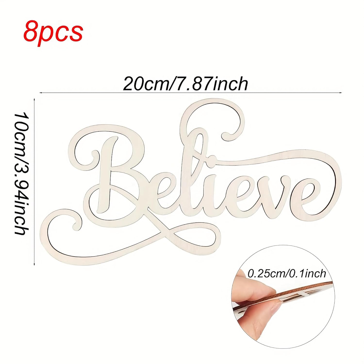 Wooden word 'Believe' with measurements and packaging details on a white background