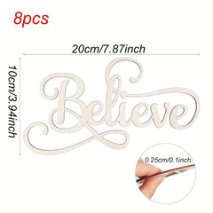 Wooden word 'Believe' with measurements and packaging details on a white background