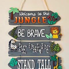 Decorative sign with motivational phrases and animal illustrations on a beige background