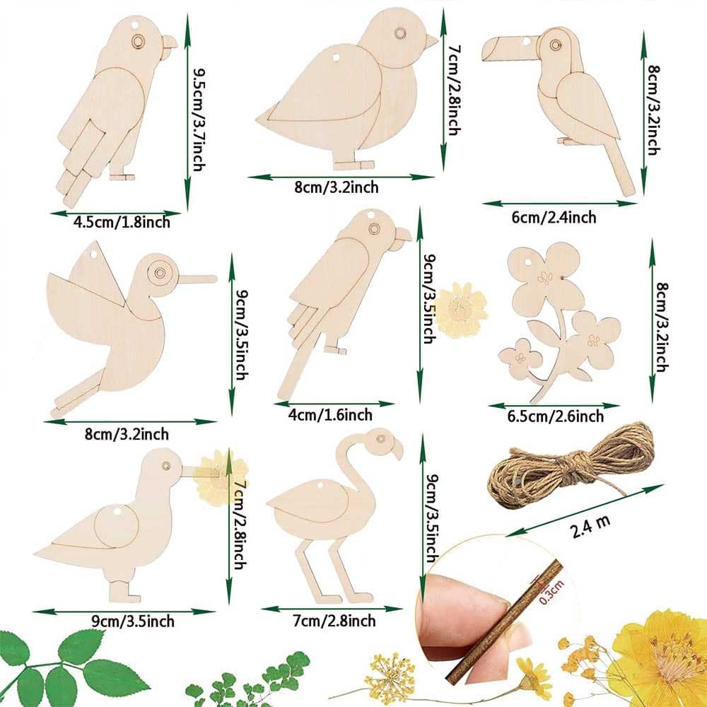 Set of wooden bird-shaped decorations with measurements on a white background