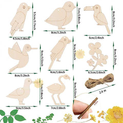 Set of wooden bird-shaped decorations with measurements on a white background