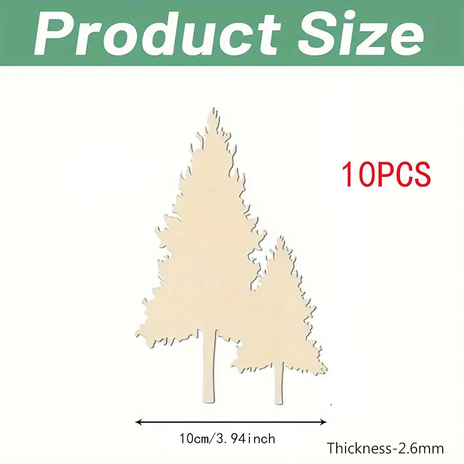 10 wooden tree-shaped cutouts with measurements and 'Product Size' text on a white background.