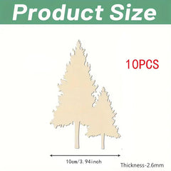 10 wooden tree-shaped cutouts with measurements and 'Product Size' text on a white background.