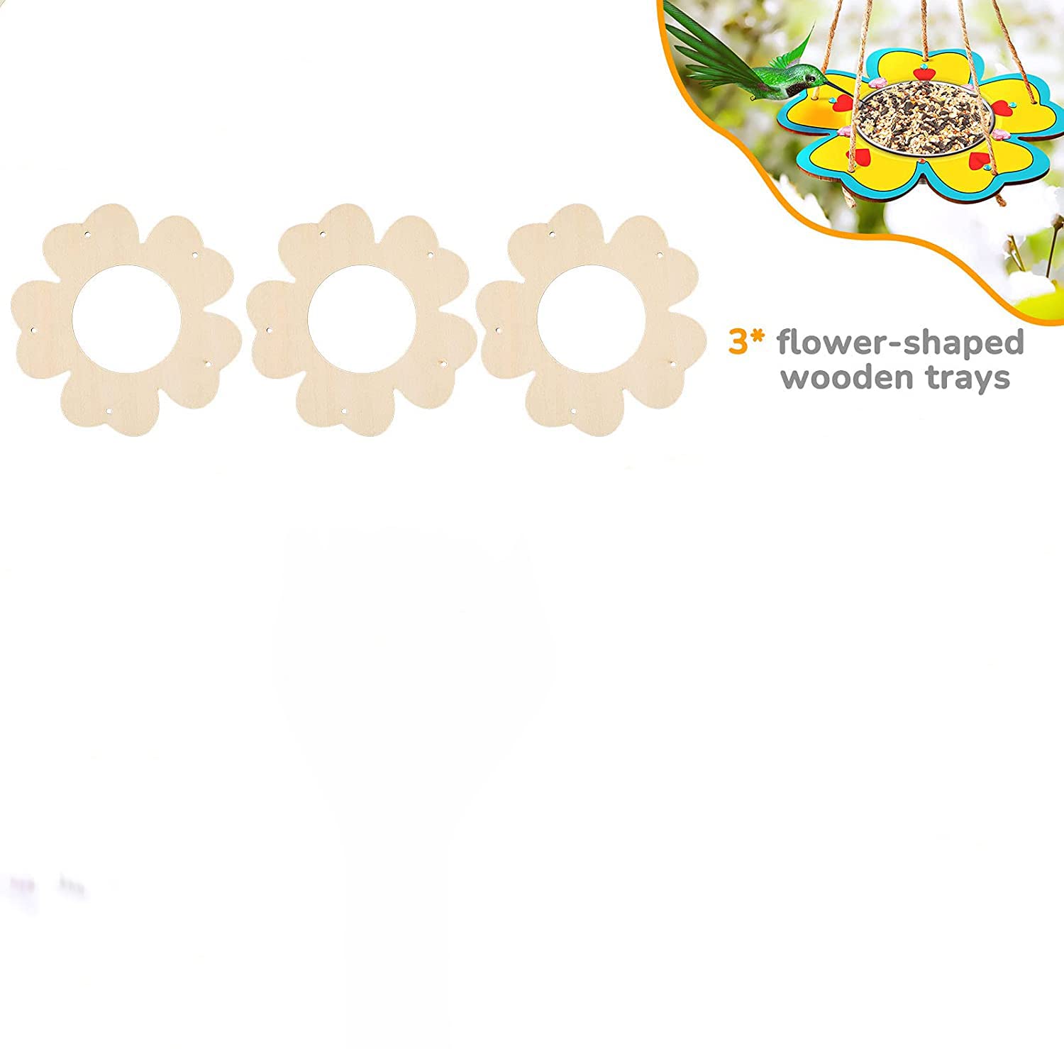 Three flower-shaped wooden trays with a bird feeder in the corner on a white background.