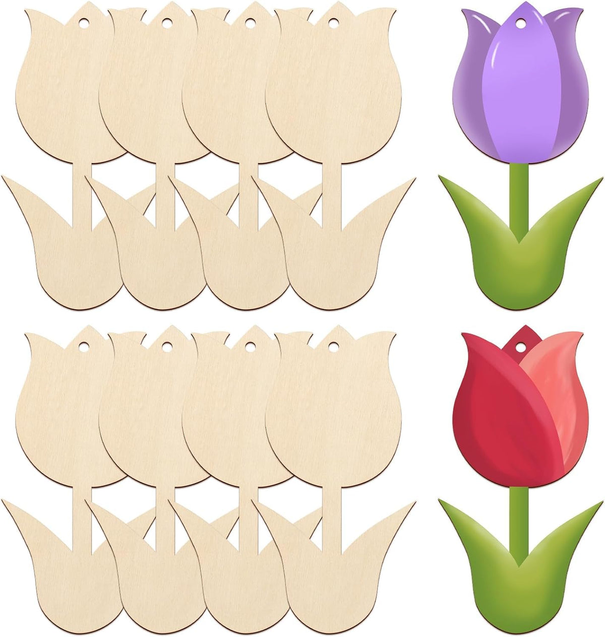 Unfinished tulip shapes and colored tulip decorations on a white background
