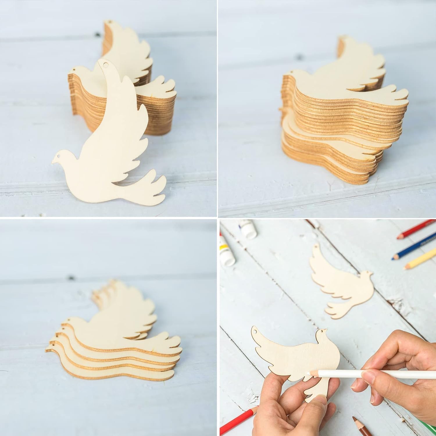 Wooden dove shapes on a light blue wooden surface with colored pencils.