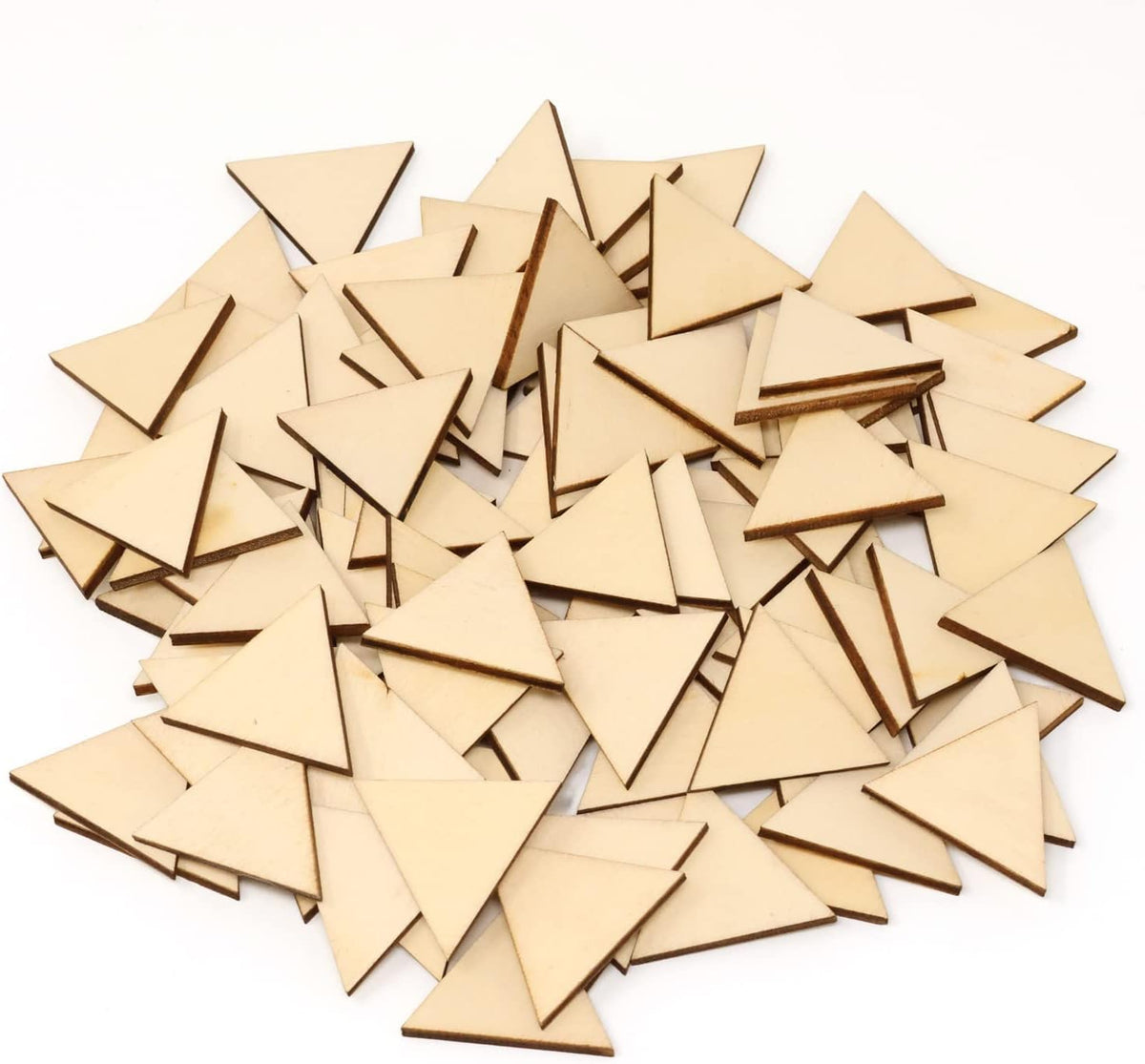 Pile of wooden triangles on a white background