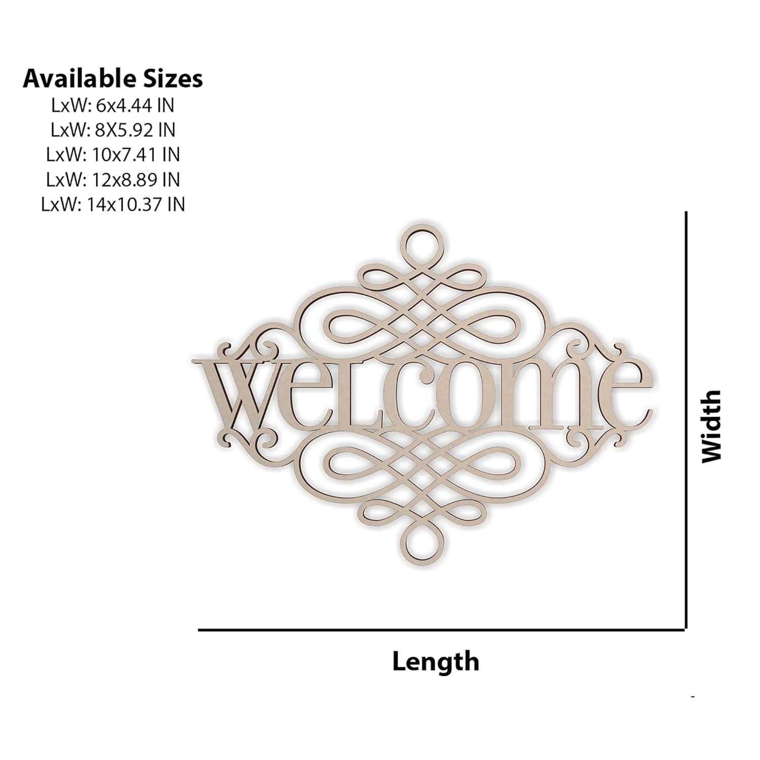 Decorative 'welcome' sign with size chart on a white background