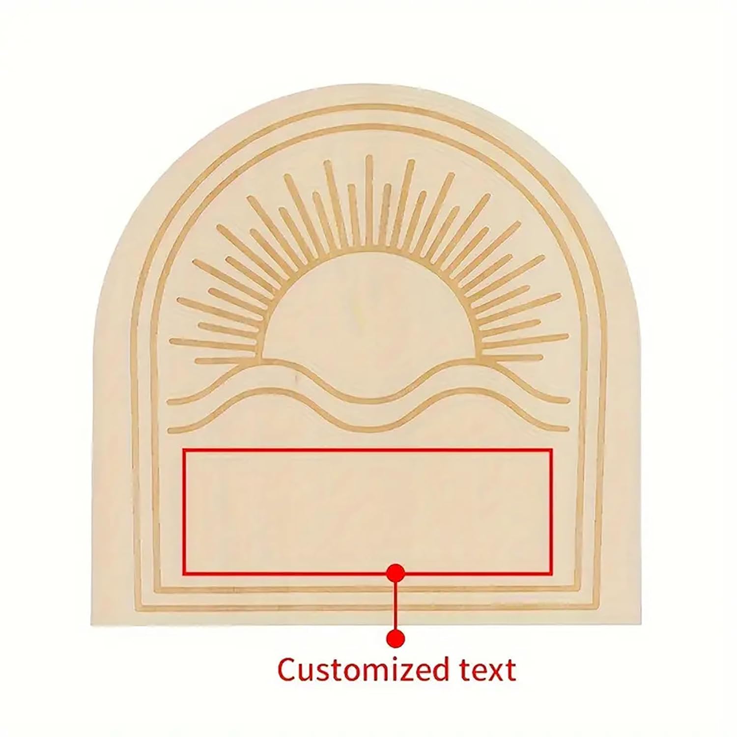 Wooden plaque with sun and wave design and space for customized text on a white background