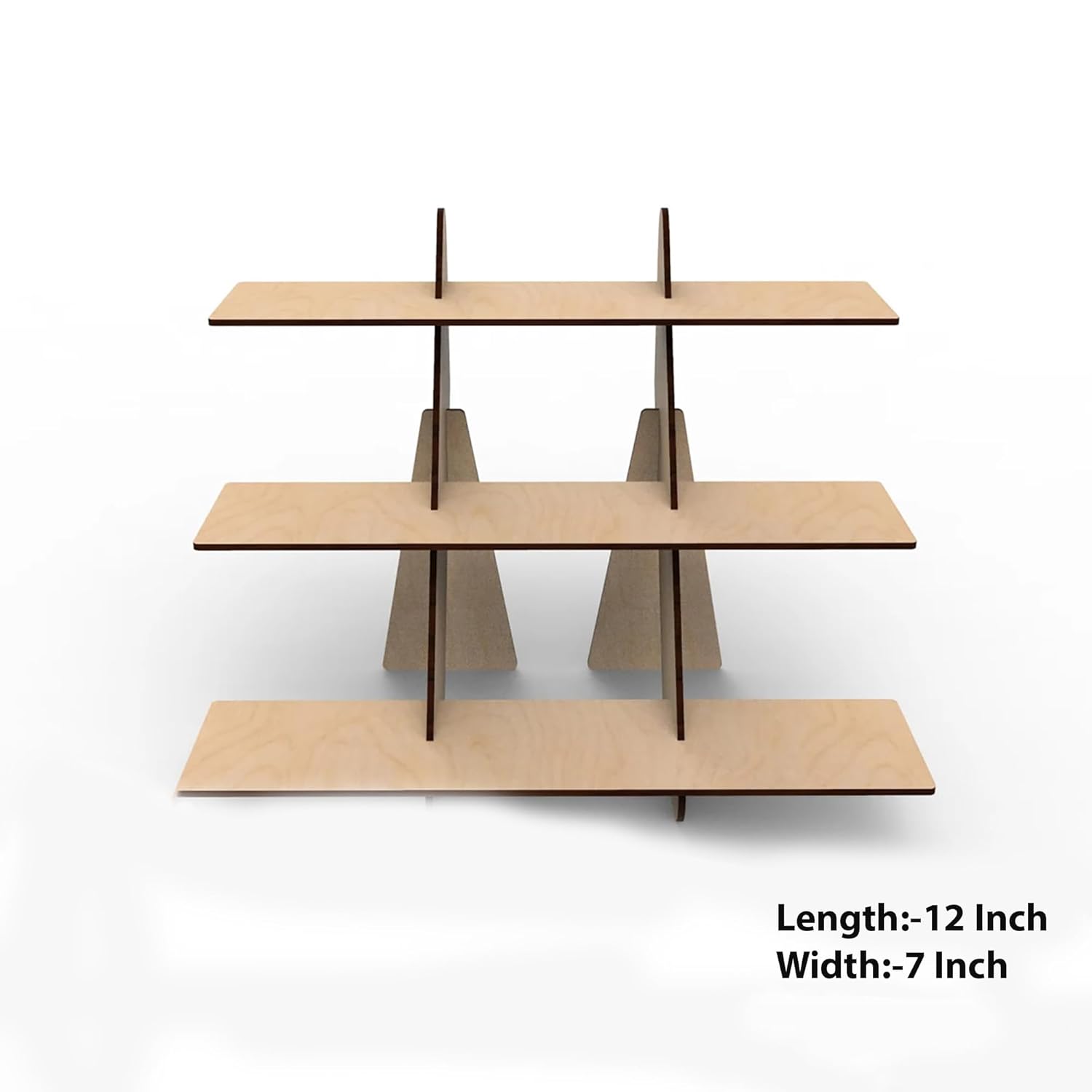 Three-tiered wooden display stand with dimensions on a white background