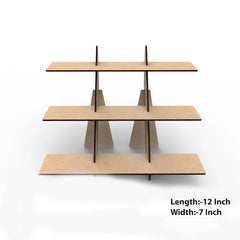 Three-tiered wooden display stand with dimensions on a white background