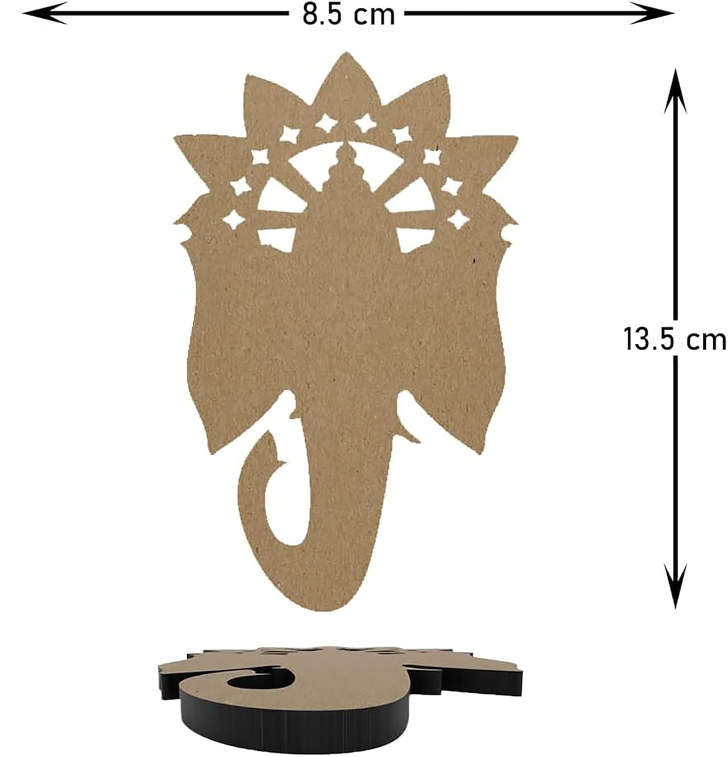 Decorative cutout of an elephant head with measurements on a white background