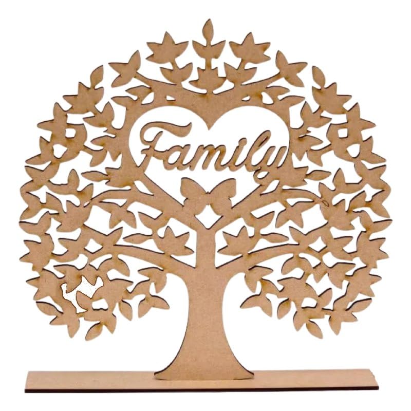 Wooden family tree decoration with 'Family' at the center on a white background