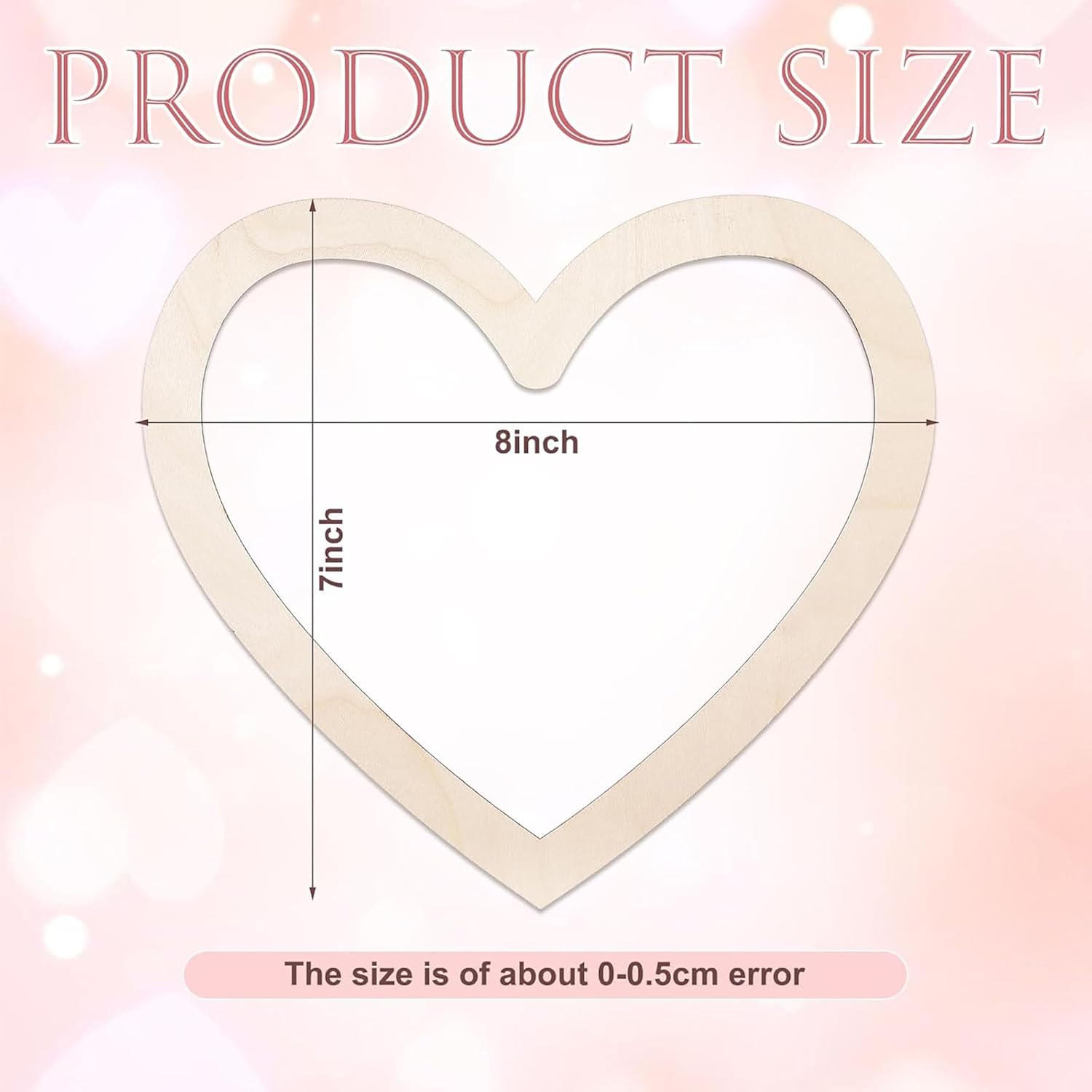 Heart-shaped product with measurements on a pink background