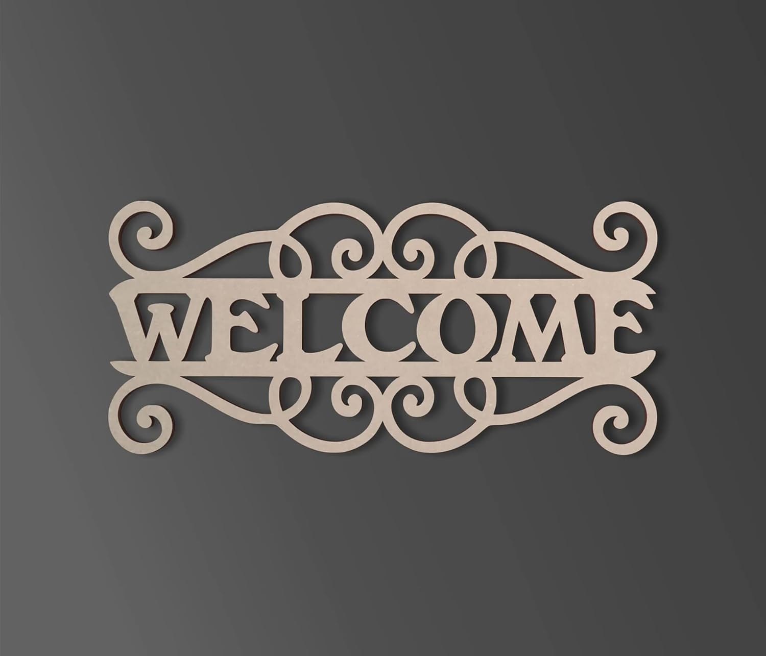 Decorative metal 'WELCOME' sign on a dark background