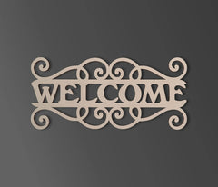 Decorative metal 'WELCOME' sign on a dark background