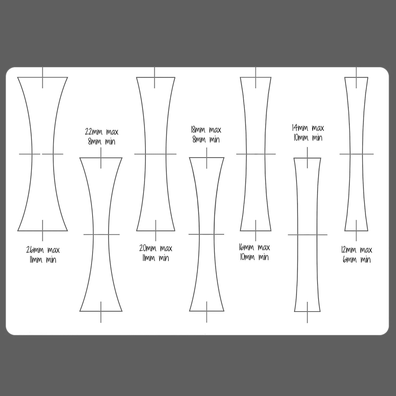 Set of line drawings of dress forms with measurements on a gray background