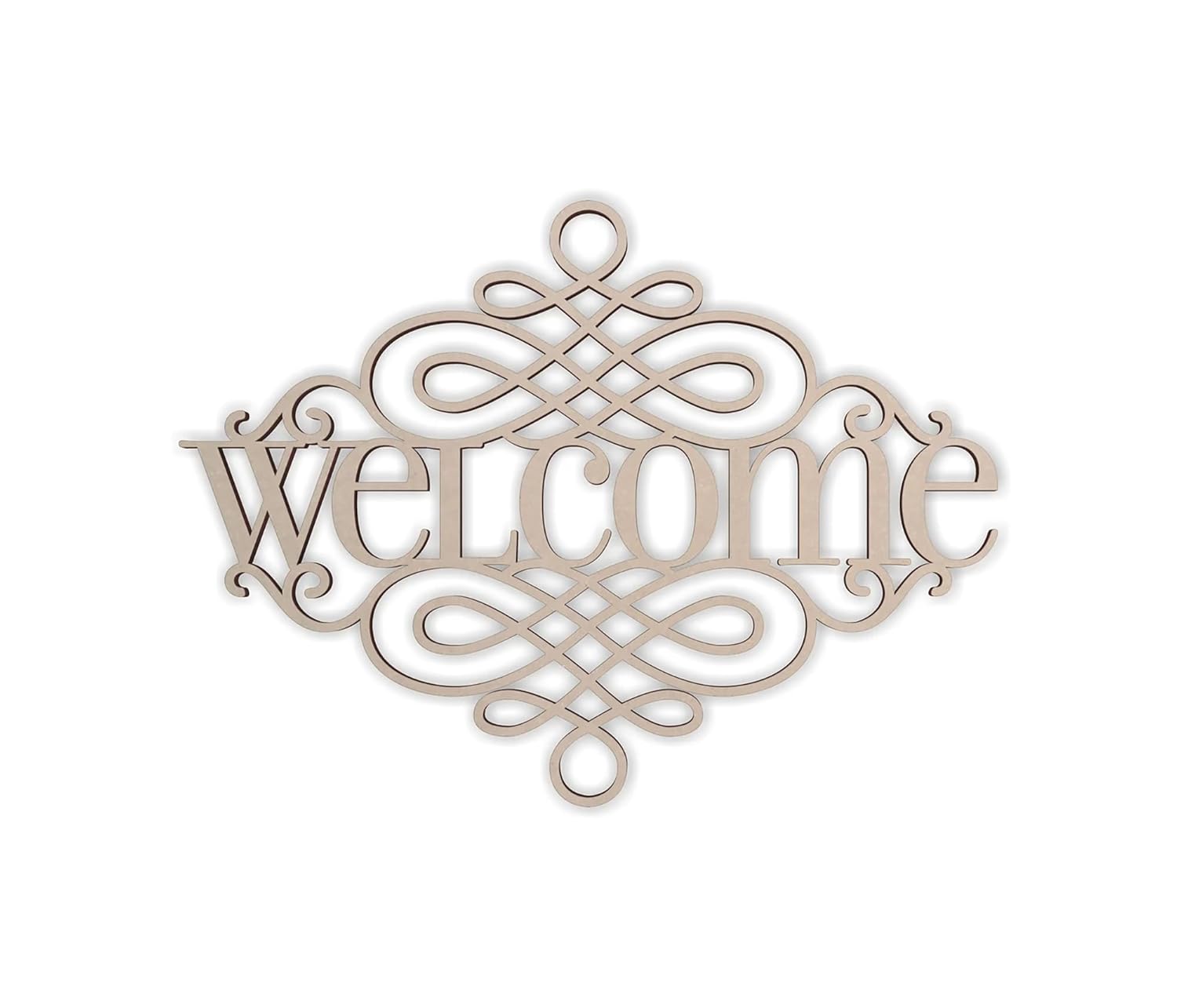 Decorative wooden sign with 'welcome' text on a white background