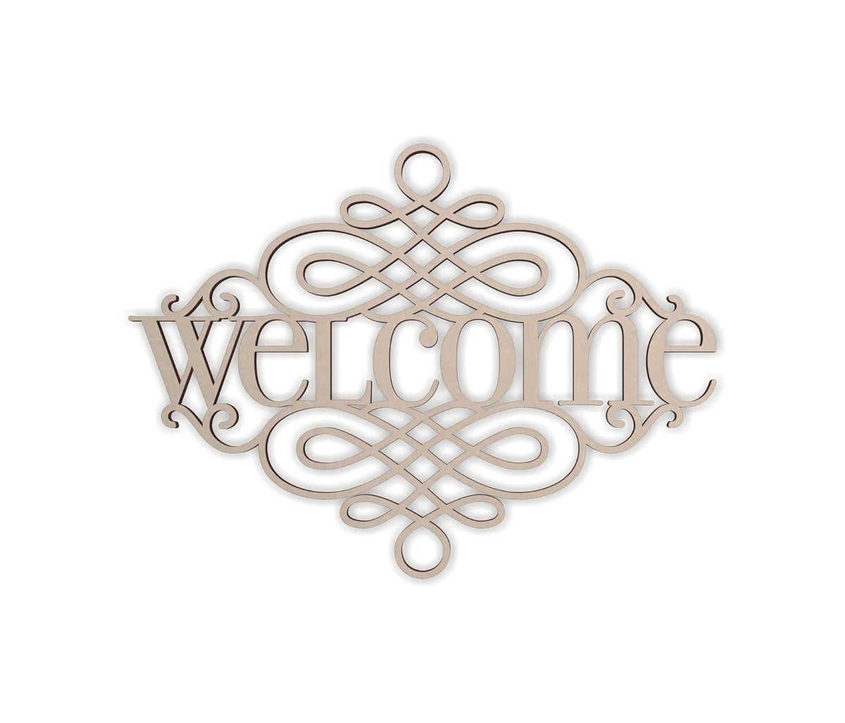 Decorative wooden sign with 'welcome' text on a white background