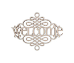 Decorative wooden sign with 'welcome' text on a white background