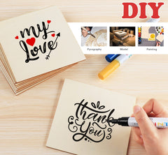 Wooden blocks with engraved text and a hand holding a marker on a wooden surface, with 'DIY' and craft images in the corner.