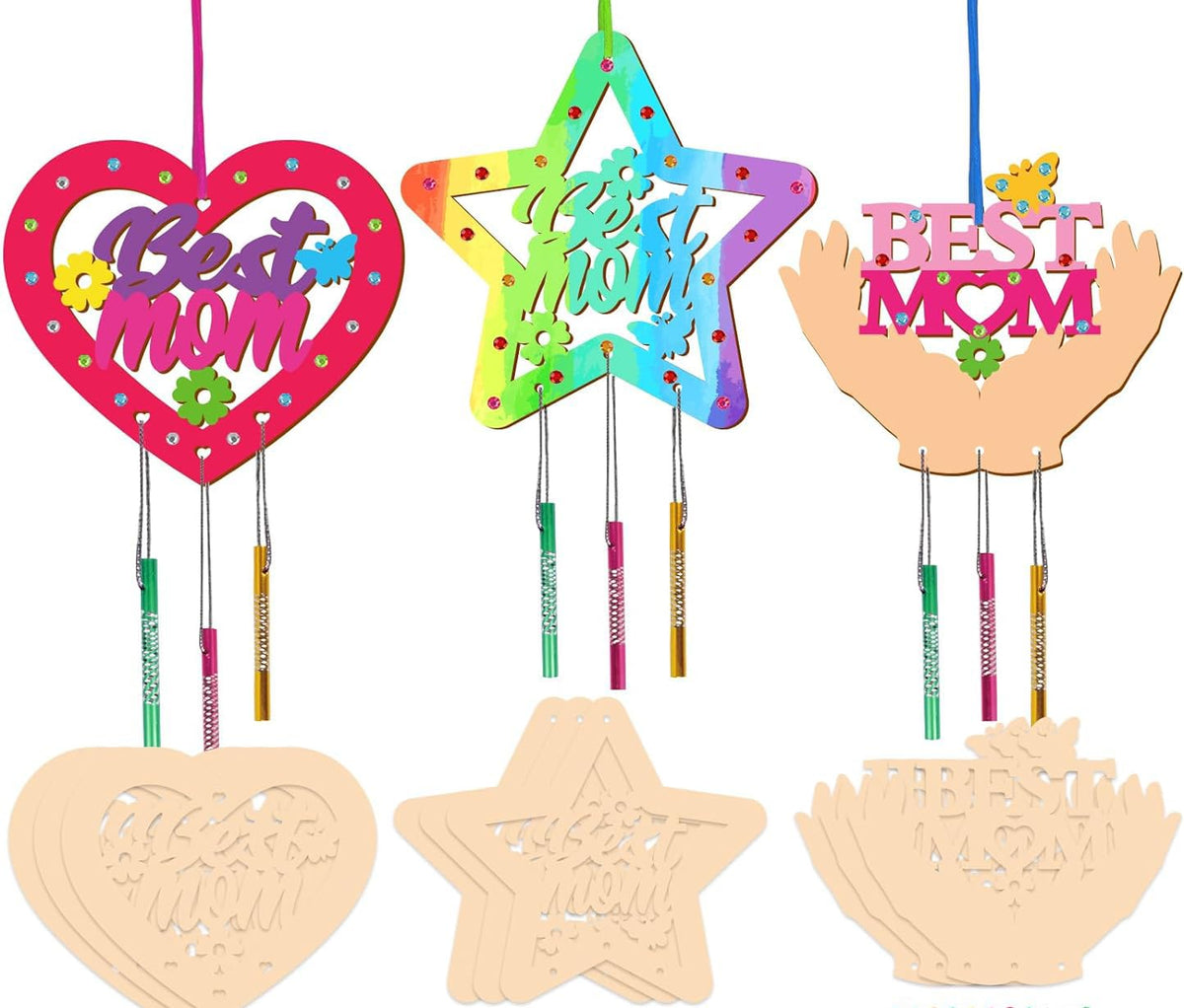 Decorative items with 'Best Mom' text in various shapes and colors on sticks.