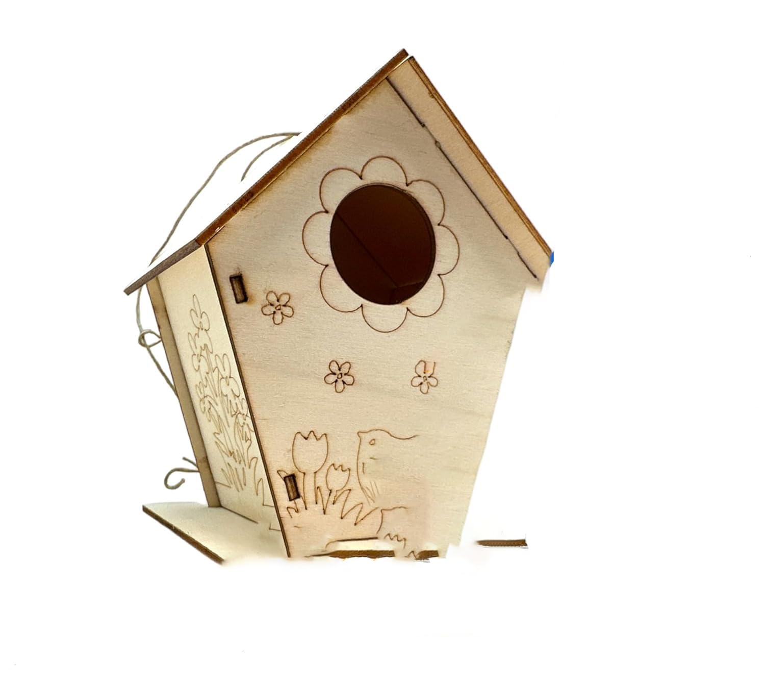 Wooden birdhouse with floral and bird designs on a white background