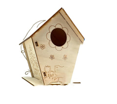 Wooden birdhouse with floral and bird designs on a white background