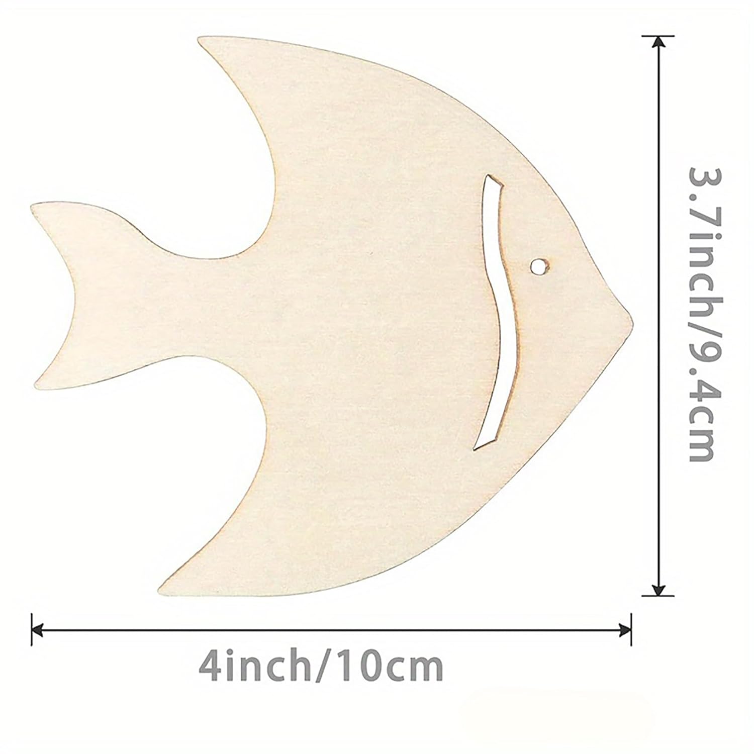 Wooden fish-shaped cutout with measurements on a white background