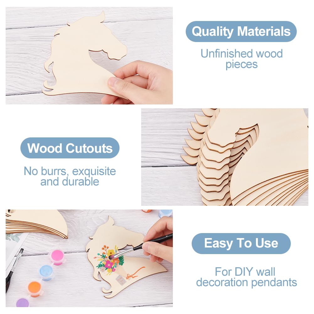 Wooden horse cutout with text highlighting quality materials, ease of use, and durability.
