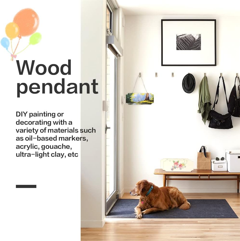 Dog sitting on a mat in a room with a wall decoration and text about wood pendant DIY painting.