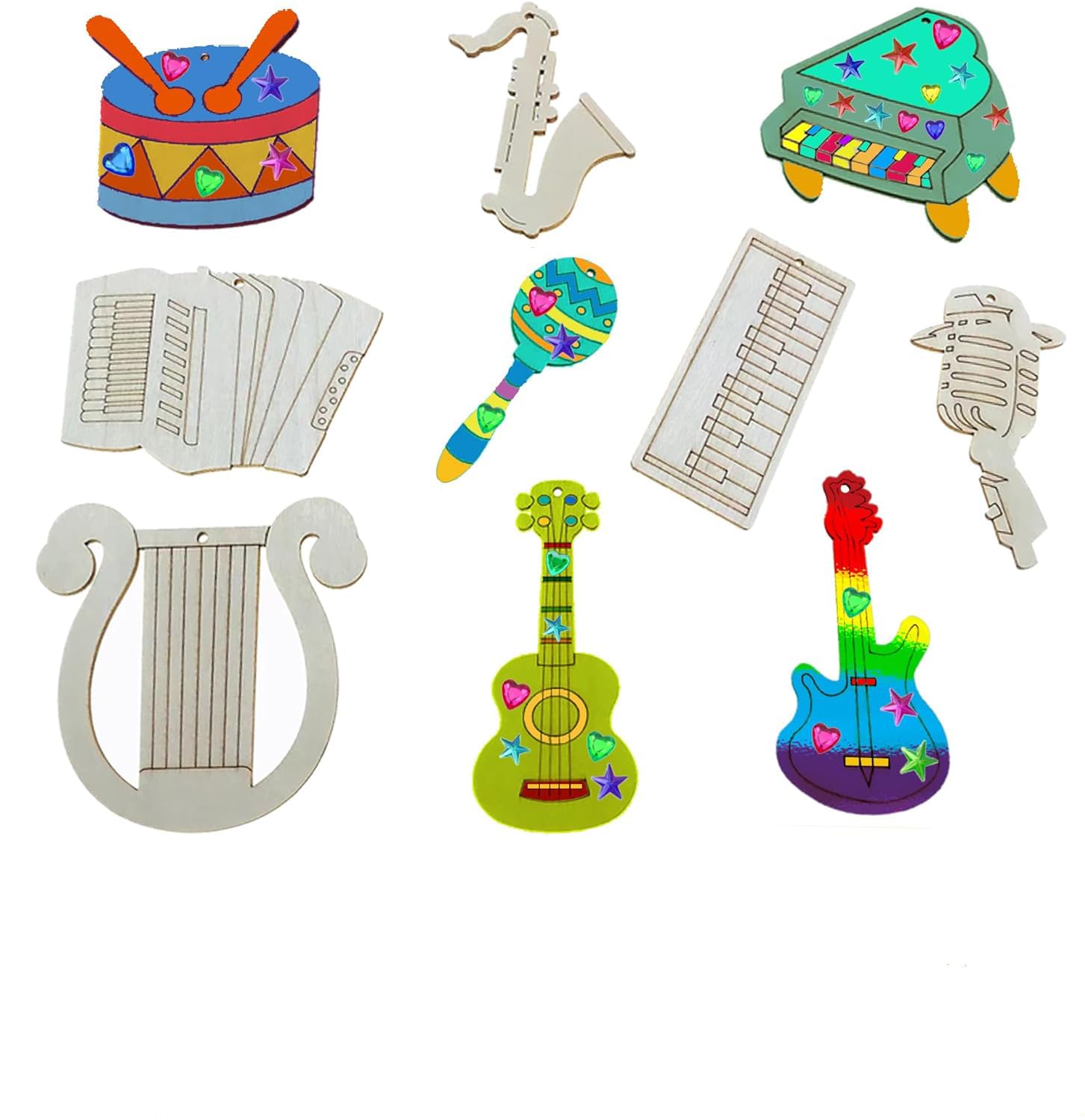 Colorful toy musical instruments and instruments on a white background