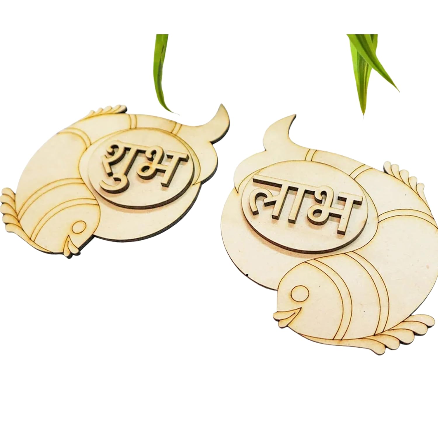 Two wooden fish-shaped ornaments with engraved text on a white background