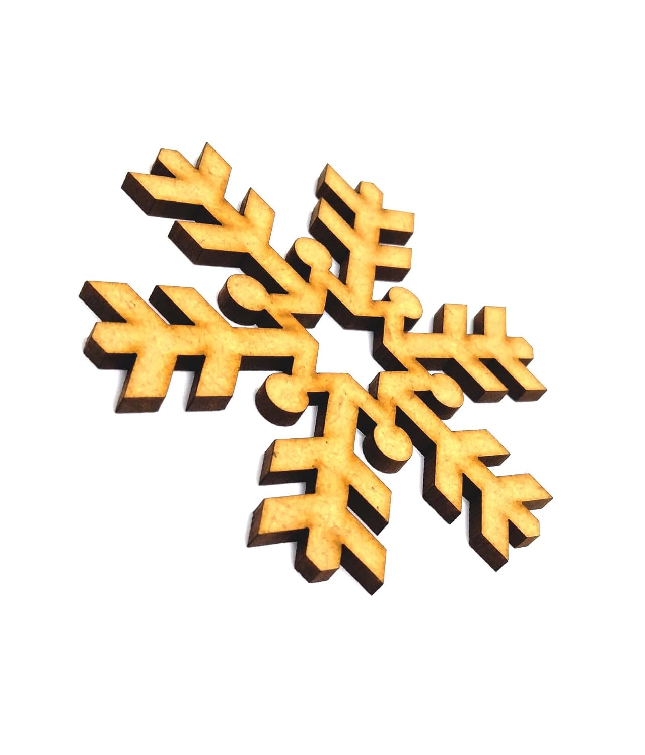Wooden snowflake ornament with black accents on a white background