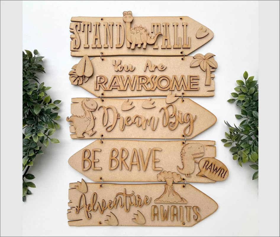 Wooden motivational sign with engraved text and dinosaur illustrations on a white background.