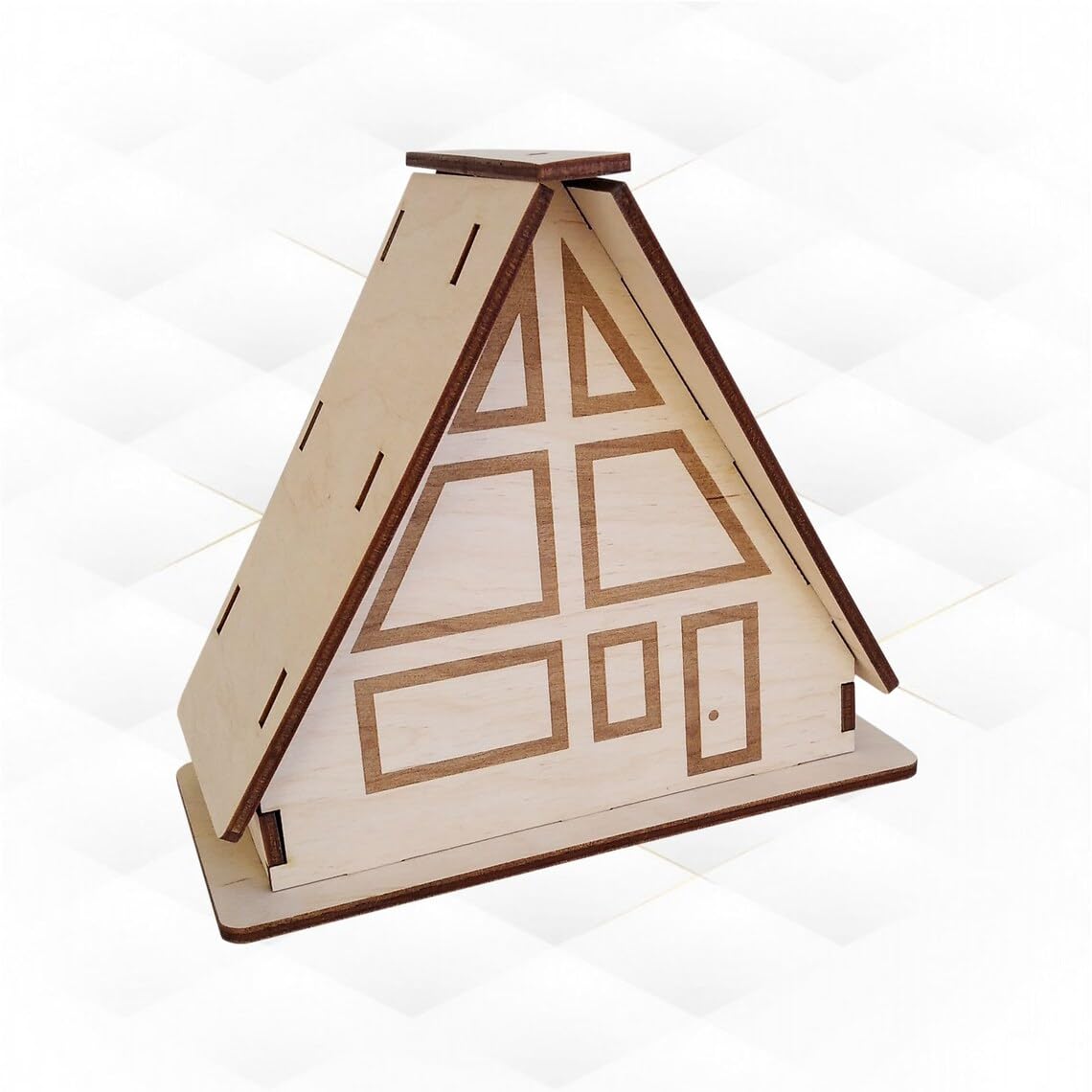 Wooden model of a triangular house with a white background
