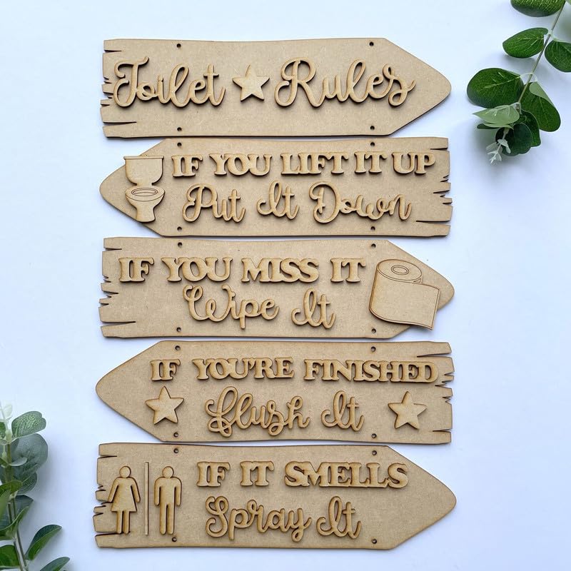 Set of wooden signs with humorous bathroom rules on a light blue background.
