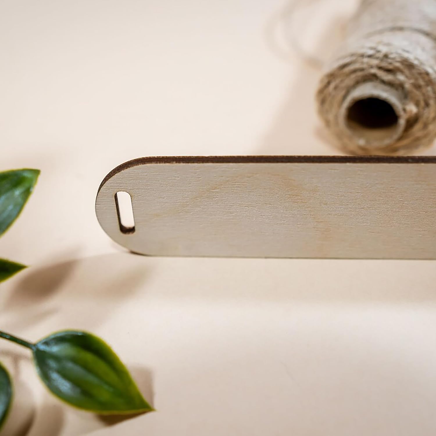 Wooden tool on a light surface with green leaves and a roll of twine.