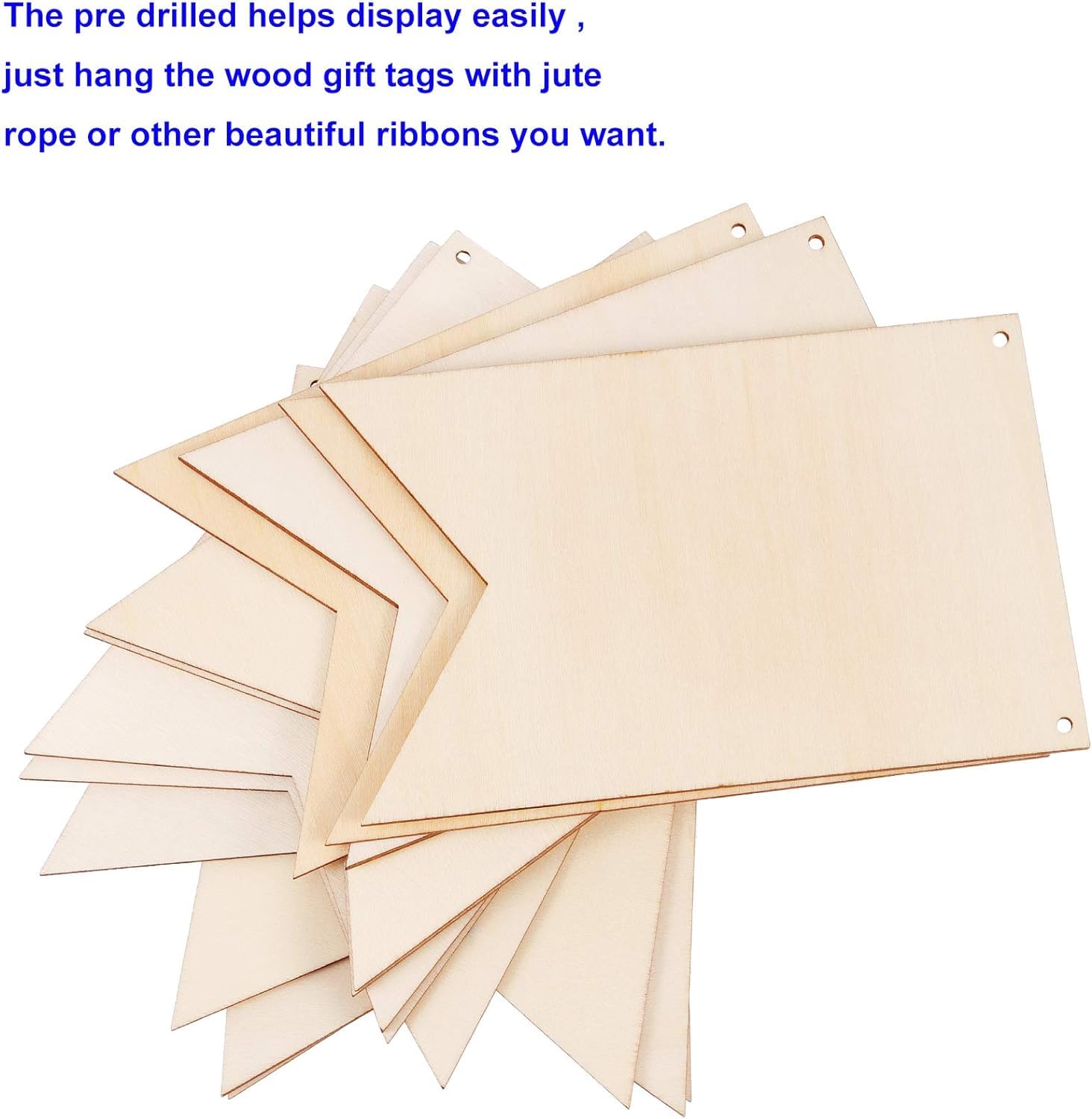 Wooden gift tags with pre-drilled holes on a white background