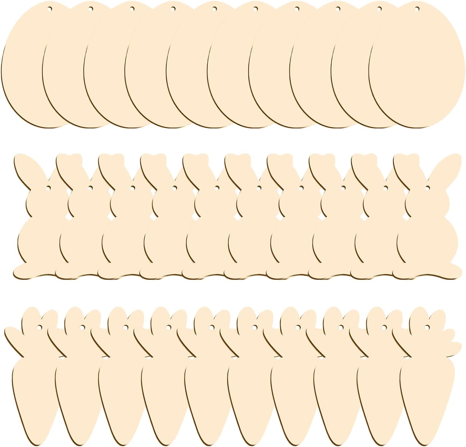 Set of wooden cutouts shaped like carrots, rabbits, and circles on a beige background.