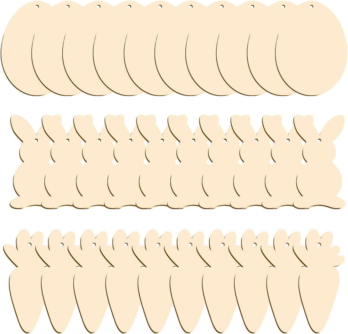 Set of wooden cutouts shaped like carrots, rabbits, and circles on a beige background.
