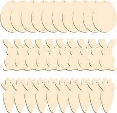 Set of wooden cutouts shaped like carrots, rabbits, and circles on a beige background.